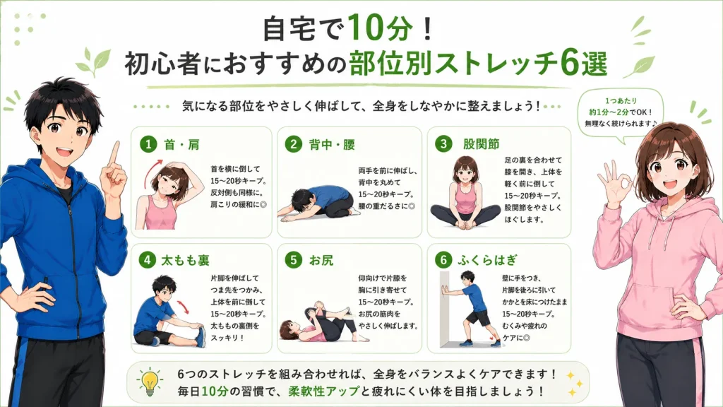 健太と美咲が、首・肩、背中・腰、股関節、太もも裏、お尻、ふくらはぎの6部位におすすめのストレッチを紹介している初心者向けイラスト。