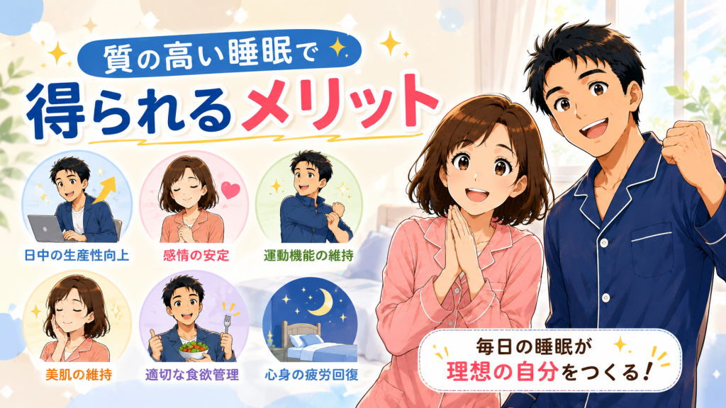 質の高い睡眠による健康や美容、集中力向上をイメージしたイラスト