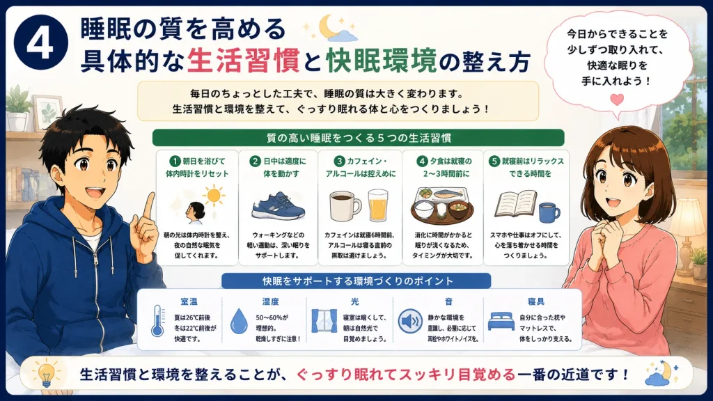 質の高い睡眠を実現する生活習慣や寝室環境、入浴・朝日・睡眠時間などを43歳の健太と41歳の美咲が紹介するアニメ風イラスト。