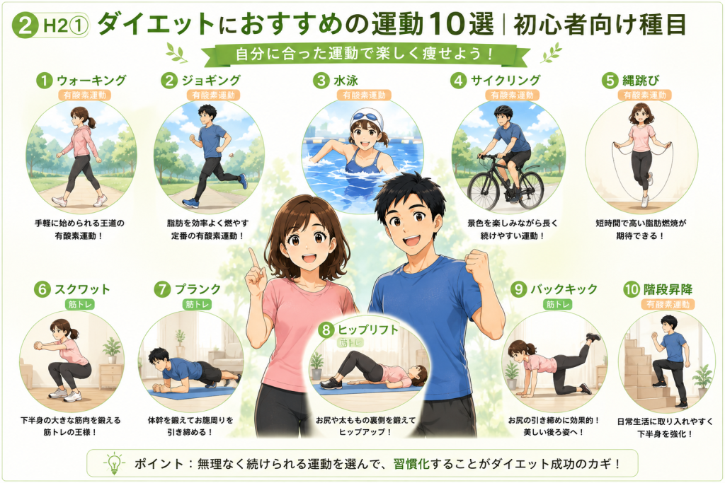 ウォーキングやスクワットなど初心者におすすめのダイエット運動10種類を紹介するイラスト。