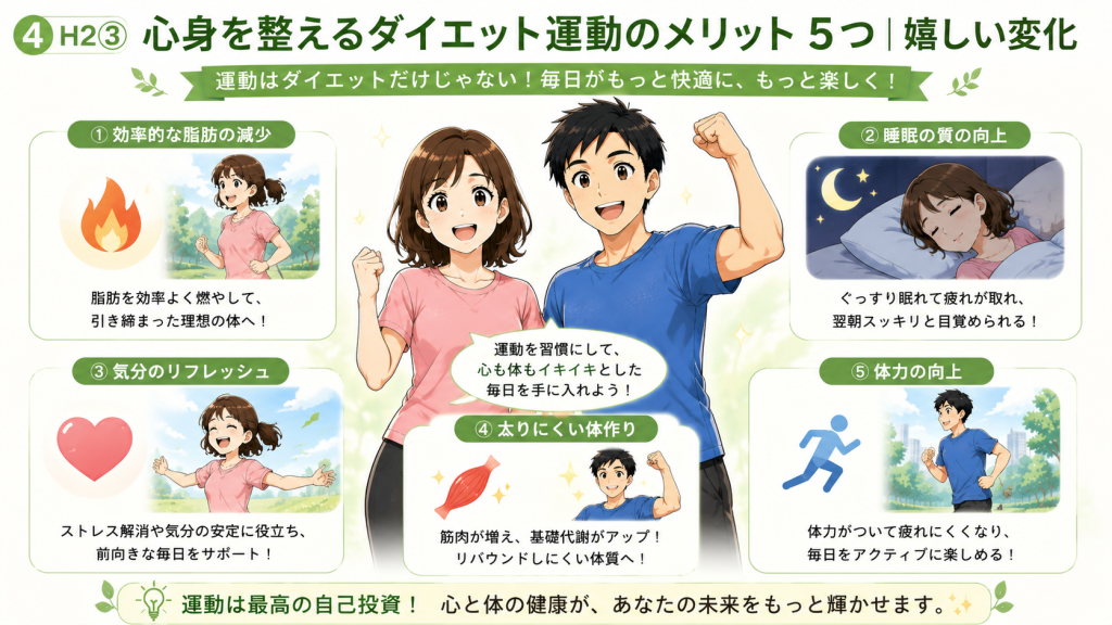 ダイエット運動による脂肪燃焼や睡眠改善など5つのメリットを紹介するイラスト。