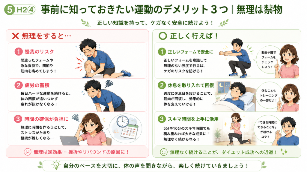 ダイエット運動で注意したい怪我や疲労などのデメリットを紹介するイラスト。
