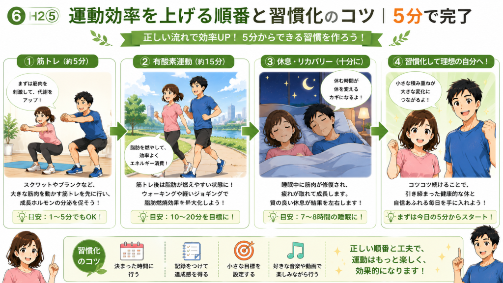 筋トレから有酸素運動、休息まで効率的なダイエット運動の流れを紹介するイラスト。