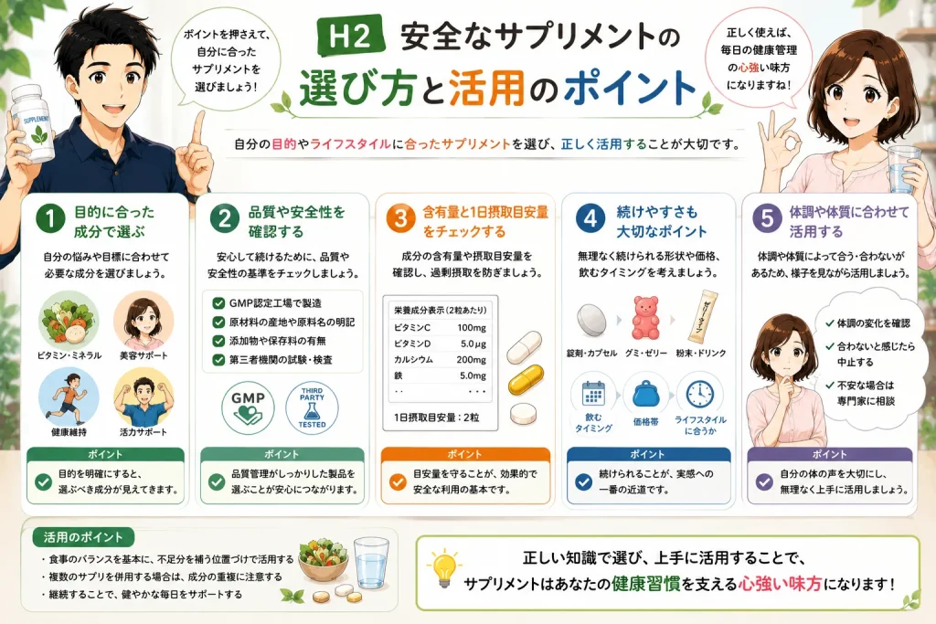 健太が安全なサプリメントの選び方と活用のポイントを説明し、美咲が品質や成分表示、継続しやすさを確認しながら適切なサプリメント選びを学んでいるイラスト