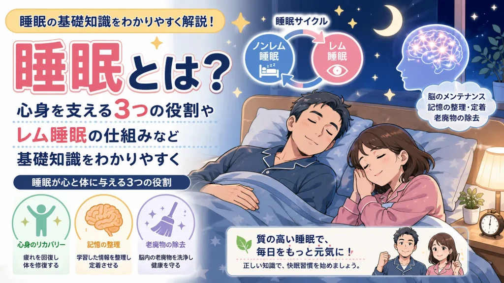 睡眠の役割やレム睡眠・ノンレム睡眠の仕組みを、40代男女のイラストと図解でわかりやすく紹介したブログのアイキャッチ画像