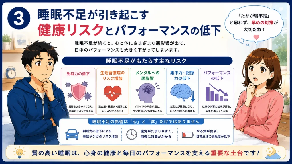 睡眠不足による集中力低下や健康リスク、免疫低下、メンタルへの影響を43歳の健太と41歳の美咲が解説するアニメ風イラスト。