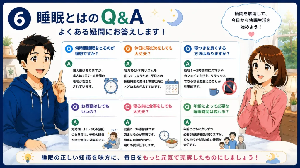 睡眠に関する疑問やよくある質問を43歳の健太と41歳の美咲がQ&A形式で解説するアニメ風イラスト。