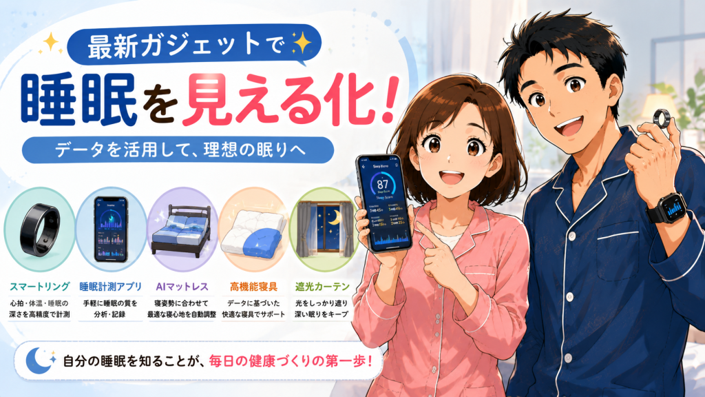 スマートリングや睡眠アプリなど睡眠を可視化するガジェットのイラスト