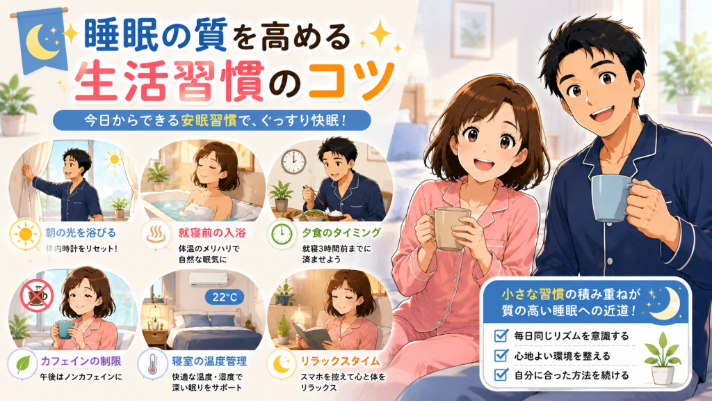 睡眠の質を高める生活習慣や安眠のコツを紹介するイラスト