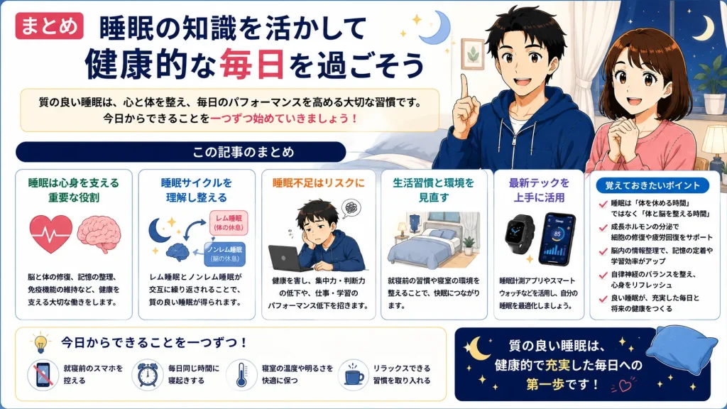睡眠の重要性や睡眠サイクル、睡眠不足のリスク、睡眠環境の改善方法をまとめた、健太と美咲が解説する睡眠記事の総まとめイラスト。