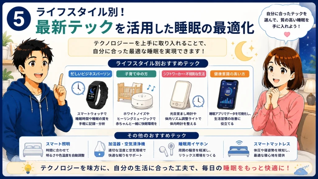 スマートウォッチや睡眠アプリなどスリープテックを活用した睡眠改善方法を43歳の健太と41歳の美咲が紹介するアニメ風イラスト。