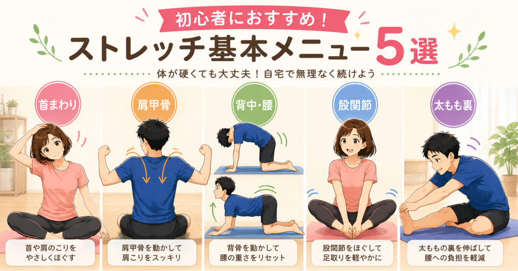 首・肩・背中・股関節・太もも裏のストレッチを行う40代男女