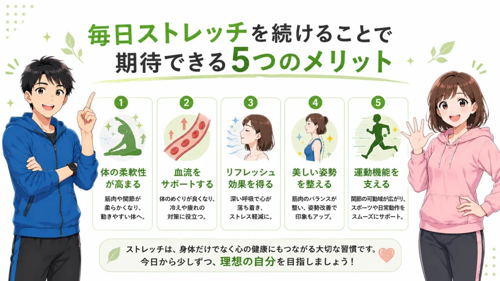 毎日ストレッチを続けることで得られる5つのメリット（柔軟性向上・血流サポート・リフレッシュ・姿勢改善・運動機能の維持）を、健太と美咲が分かりやすく紹介しているイラスト。