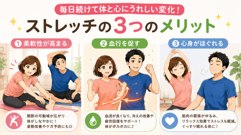 ストレッチで柔軟性が高まりリラックスしている40代男女
