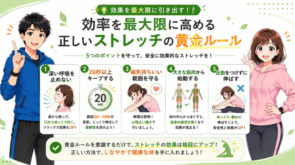 健太と美咲が、ストレッチの効果を高める5つの黄金ルール（深い呼吸・20秒以上キープ・痛気持ちいい範囲・大きな筋肉から始める・反動をつけない）を分かりやすく解説しているイラスト。