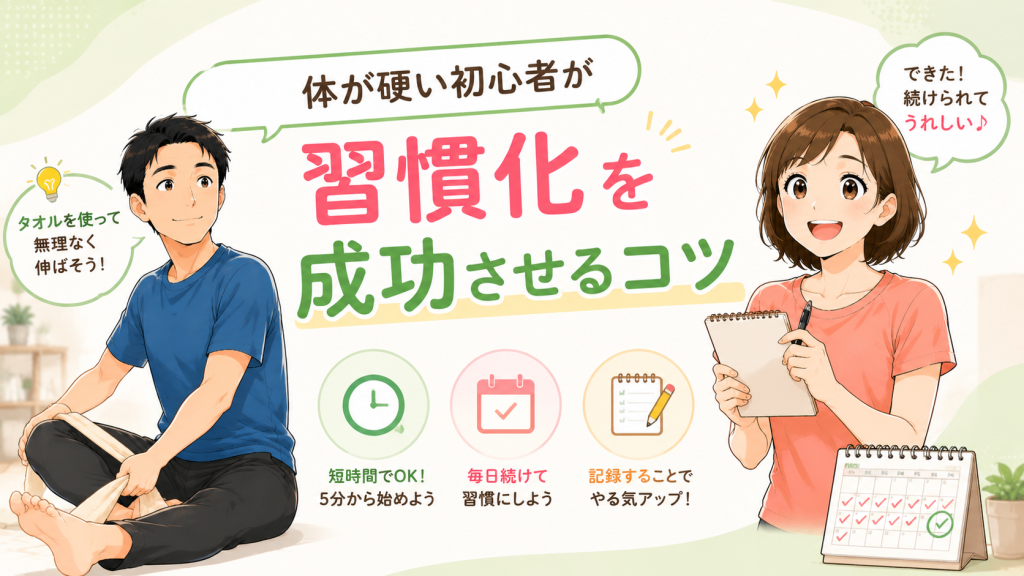 タオルを使ってストレッチを継続し記録する40代男女