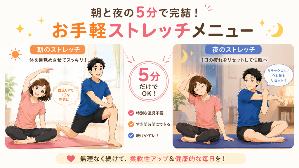 朝と夜に5分間のストレッチを行う40代男女
