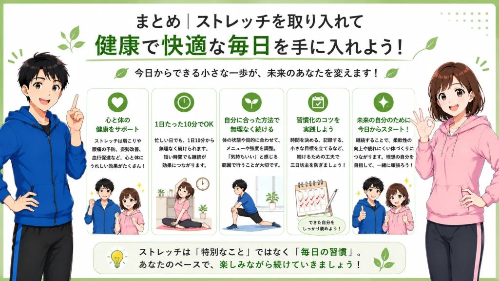 健太と美咲が、毎日のストレッチを習慣化する大切さや健康的な生活への第一歩を笑顔で伝えている、日本アニメ風のまとめイラスト。