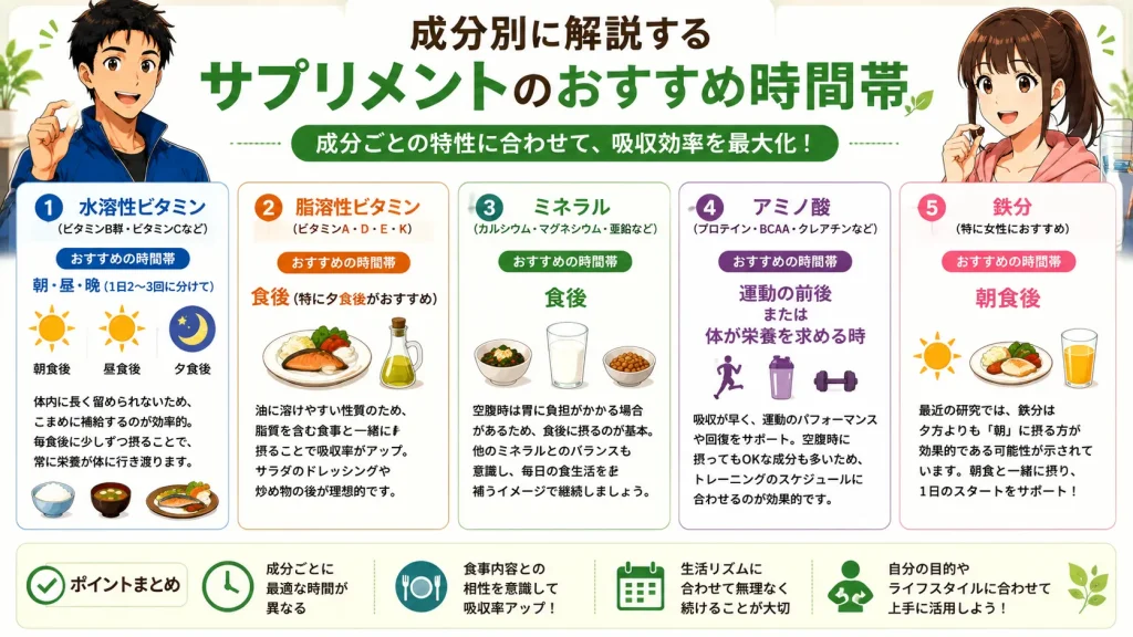水溶性ビタミン・脂溶性ビタミン・ミネラル・アミノ酸・鉄分のおすすめ摂取タイミングを成分別にまとめたイラスト。