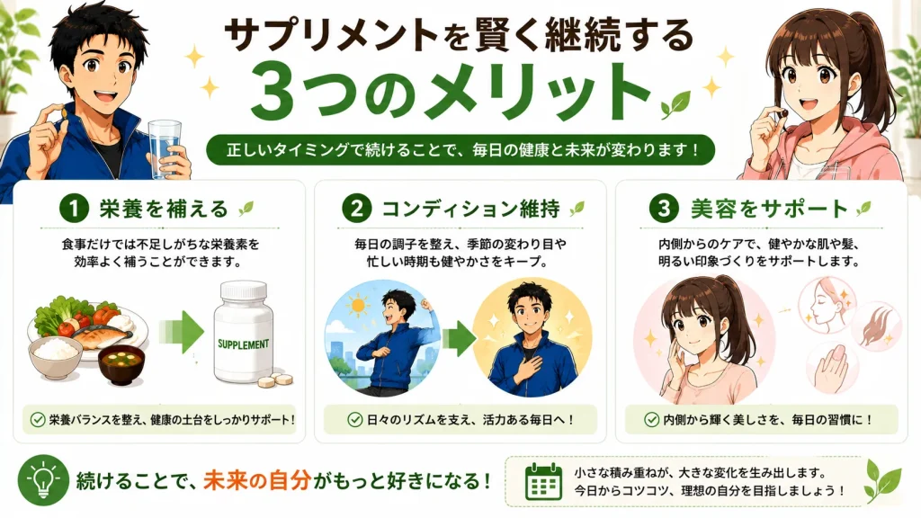 サプリメントを継続することで期待できる栄養補給、コンディション維持、美容サポートの3つのメリットを紹介するイラスト。