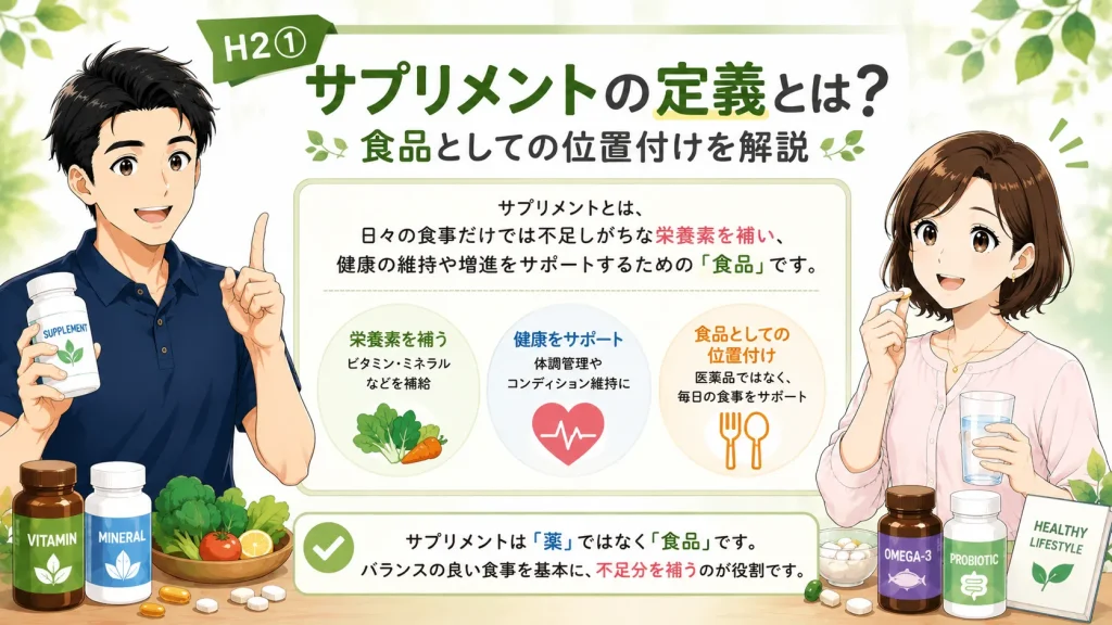 健太がサプリメントの定義を説明し、美咲がサプリメントを手に食品としての位置付けを理解している様子を描いたイラスト