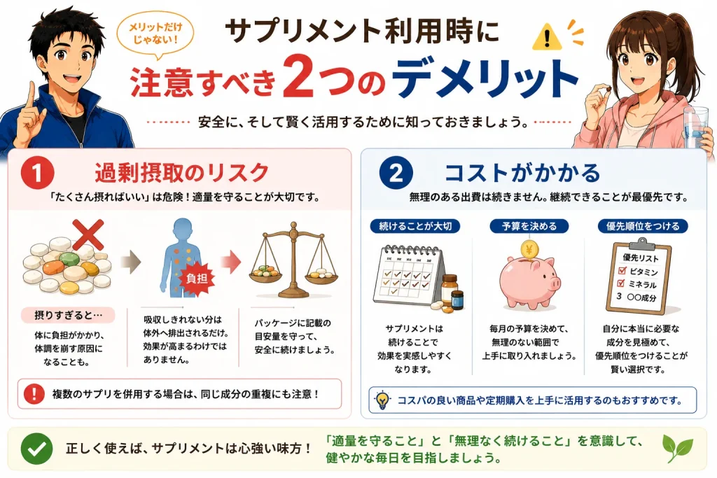 サプリメント利用時に注意したい「過剰摂取のリスク」と「継続にかかるコスト」の2つのデメリットをわかりやすく紹介したイラスト。