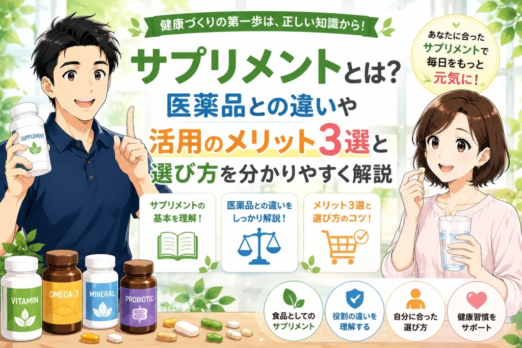 健太と美咲が登場し、サプリメントとは何か、医薬品との違い、活用するメリット3選や選び方について分かりやすく紹介しているアイキャッチイラスト