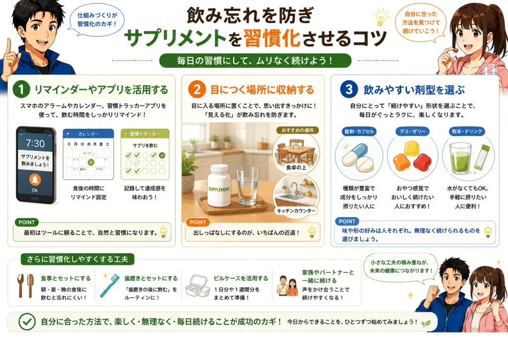 サプリメントの飲み忘れを防ぐための習慣化のコツを、リマインダー活用・目につく場所への収納・飲みやすい剤型の選び方とともに紹介したイラスト。