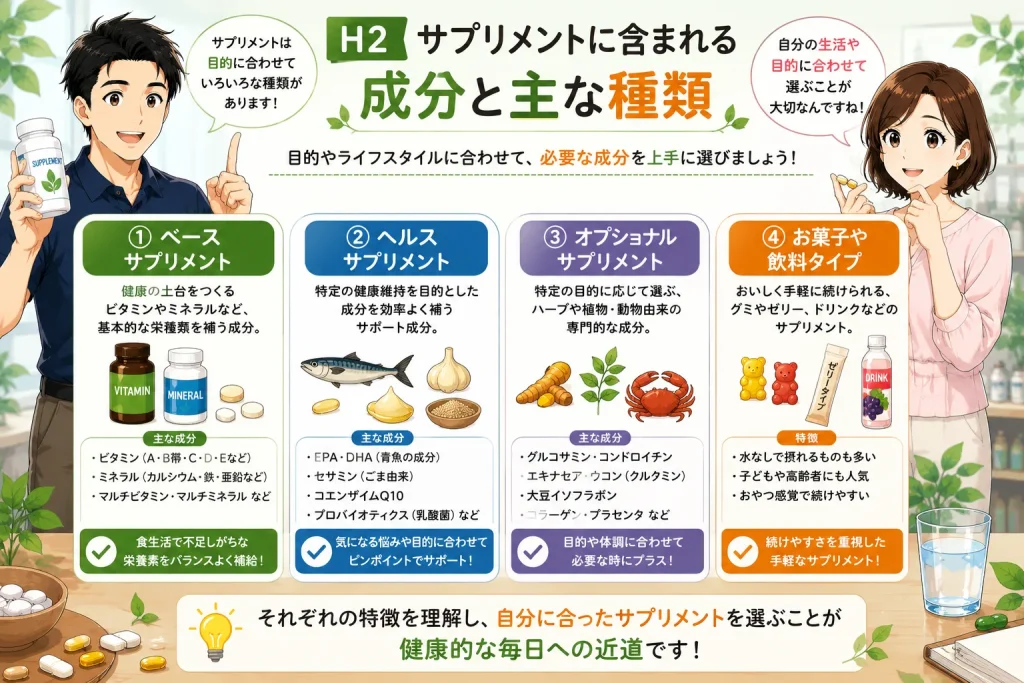 健太がサプリメントに含まれる成分と主な種類を説明し、美咲が目的に合ったサプリメントを選ぶポイントを学んでいるイラスト
キャプション
