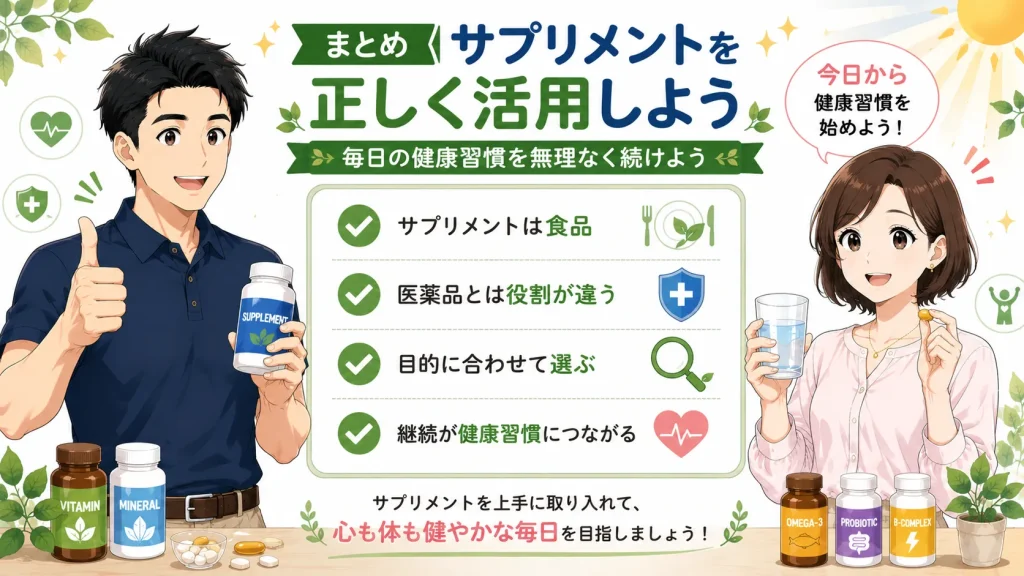 健太と美咲がサプリメントを正しく活用するポイントをまとめたボードを囲み、食品としての役割や選び方、継続する大切さを笑顔で伝えているイラスト
