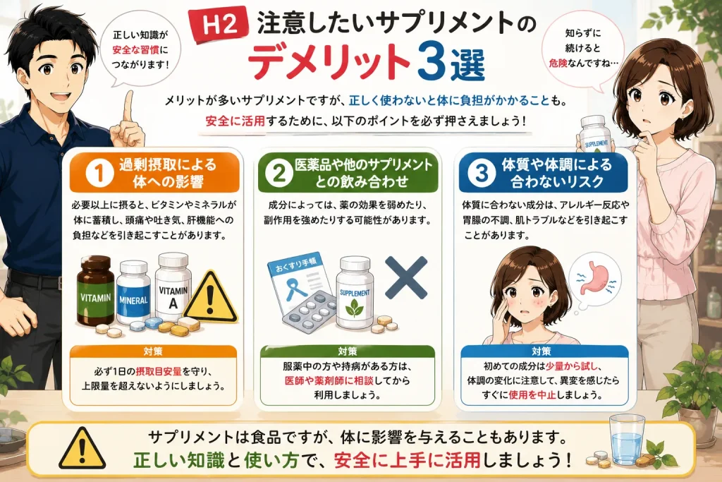 健太がサプリメントを利用する際の3つのデメリットを説明し、美咲が過剰摂取や飲み合わせ、体質によるリスクについて理解しているイラスト