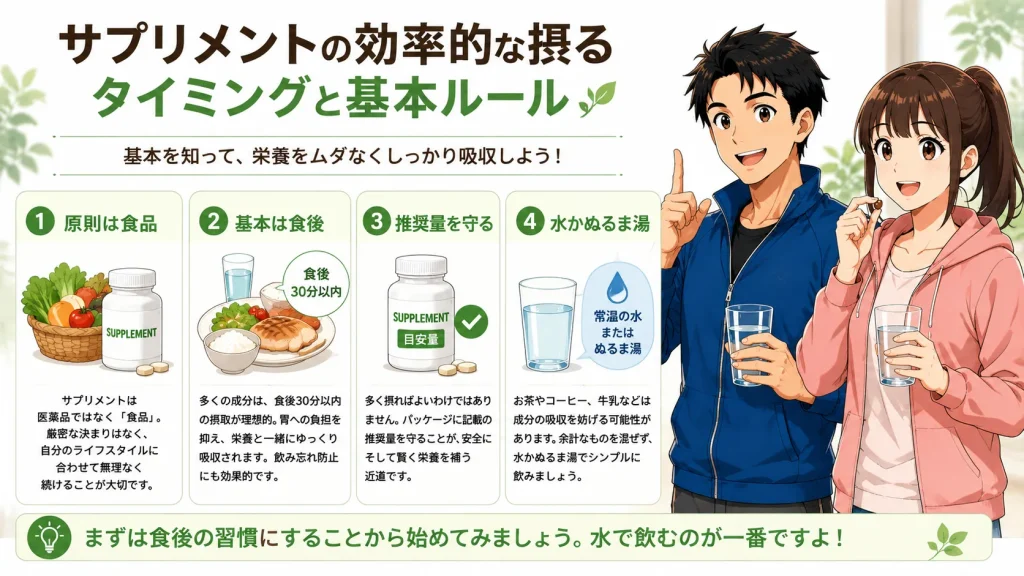 サプリメントを効率よく摂るための基本ルールを紹介したイラスト。食後の摂取や推奨量、水で飲むポイントなどを健太と美咲が解説している。