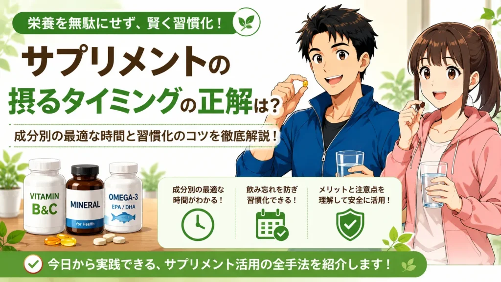 サプリメントの摂るタイミングに迷う40代男女が、健太と美咲の解説で食前・食後・朝・夜などの基本ルールを学んでいるアイキャッチ画像。