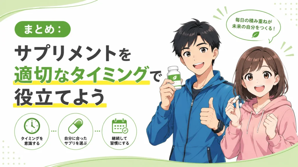 サプリメントを手に笑顔で習慣化をすすめる健太と美咲が、適切な摂取タイミング・自分に合ったサプリ選び・継続の大切さを紹介しているまとめイメージ。