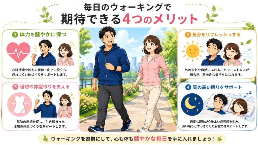 毎日のウォーキングで期待できる4つのメリットを紹介するイラスト。40代男女が公園を歩きながら、体力維持・気分転換・理想の体型づくり・睡眠の質向上を分かりやすく表現した画像。