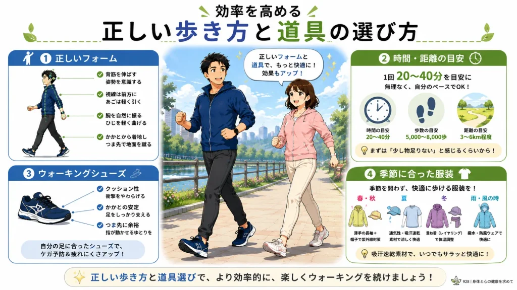 正しいウォーキングフォームや時間の目安、ウォーキングシューズの選び方、季節に合わせた服装のポイントを40代男女のイラストで分かりやすく紹介した画像