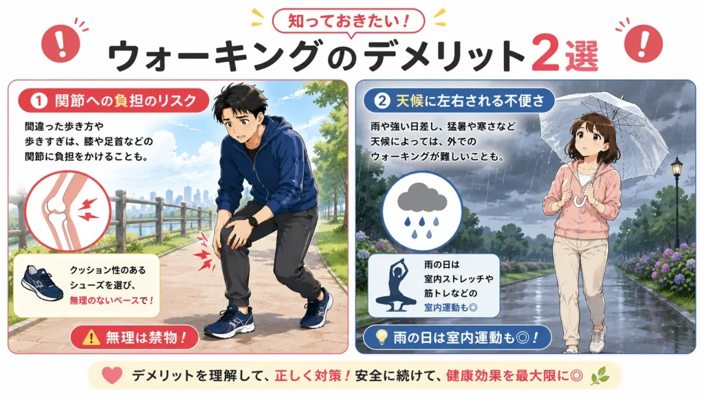 ウォーキングで注意したい関節への負担と天候による影響を、40代男女のイラストで分かりやすく解説した比較画像