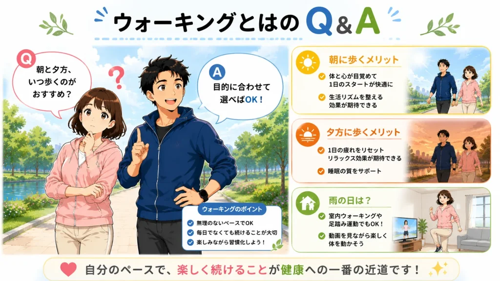 ウォーキングに関するよくある質問を、40代男女のイラストで分かりやすく紹介したQ&A画像。朝と夕方のおすすめ時間帯や、雨の日の室内ウォーキングについて解説している。