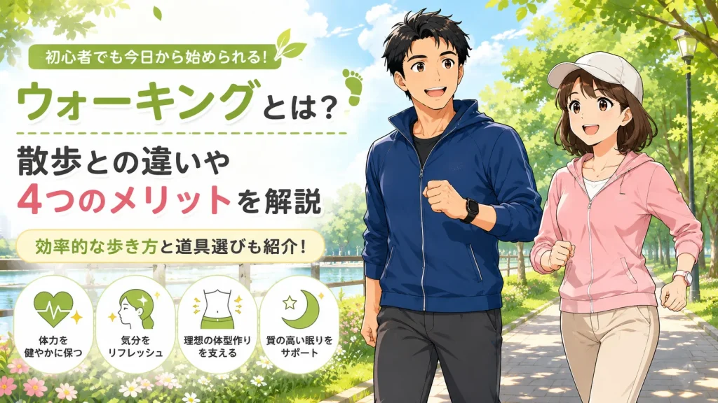 ウォーキングと散歩の違いや4つのメリット、効率的な歩き方や道具選びを紹介する、40代男女が公園でウォーキングを楽しむアイキャッチ画像