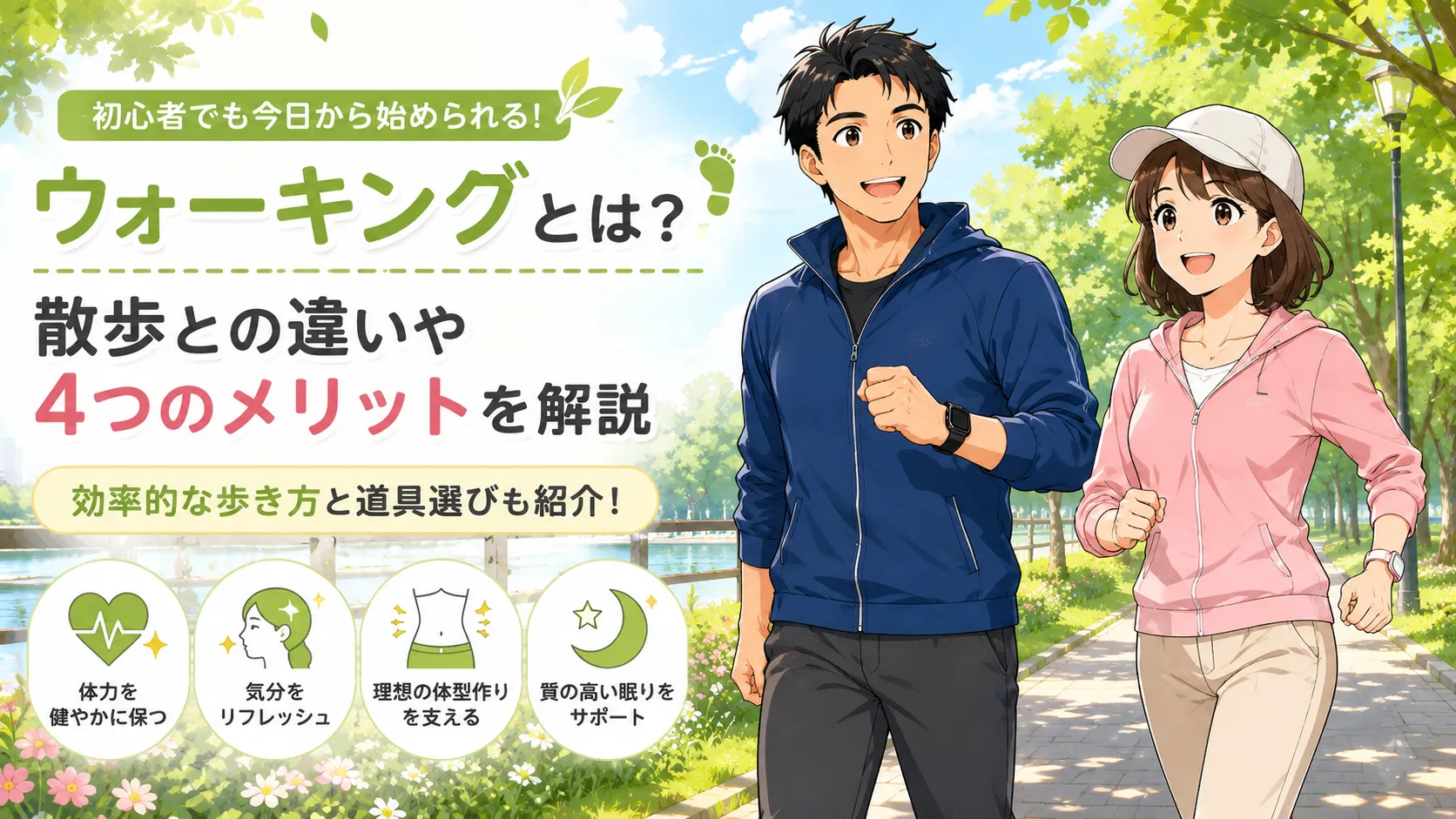 ウォーキングと散歩の違いや4つのメリット、効率的な歩き方や道具選びを紹介する、40代男女が公園でウォーキングを楽しむアイキャッチ画像