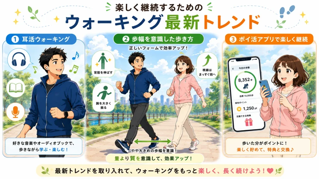 耳活ウォーキングや歩数アプリ、歩幅を意識した歩き方など、楽しく継続するためのウォーキング最新トレンドを40代男女のイラストで紹介した画像
