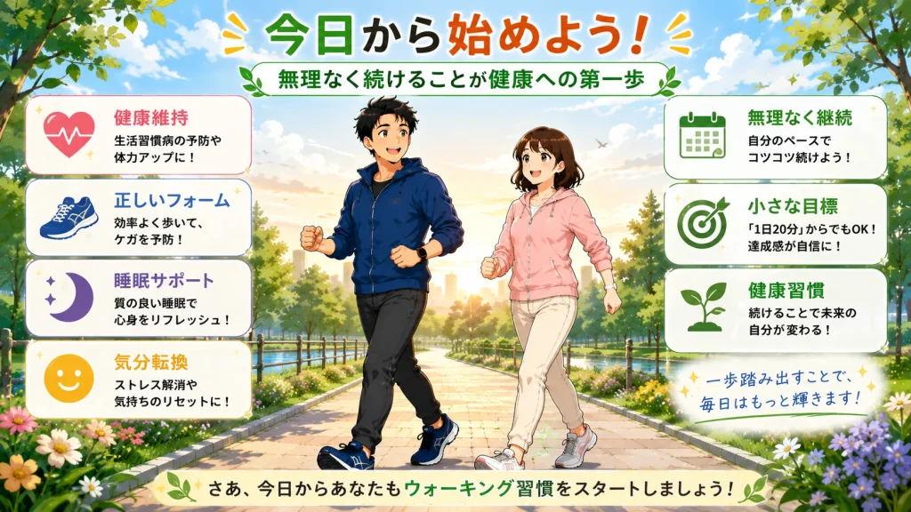 ウォーキングを健康習慣として始めるためのポイントをまとめた画像。40代男女が笑顔でウォーキングを楽しみ、健康維持や正しいフォーム、継続の大切さを分かりやすく紹介している。