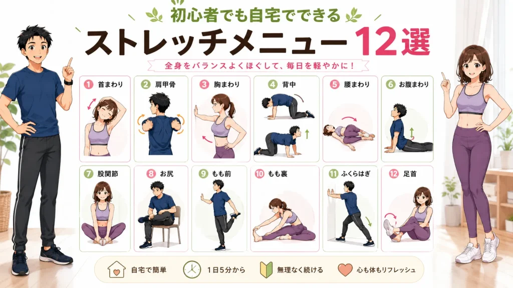 初心者向けに自宅で実践できるストレッチメニュー12選を、首・肩甲骨・胸・背中・腰・お腹・股関節・お尻・もも前・もも裏・ふくらはぎ・足首の部位別に図解で紹介したイラスト。