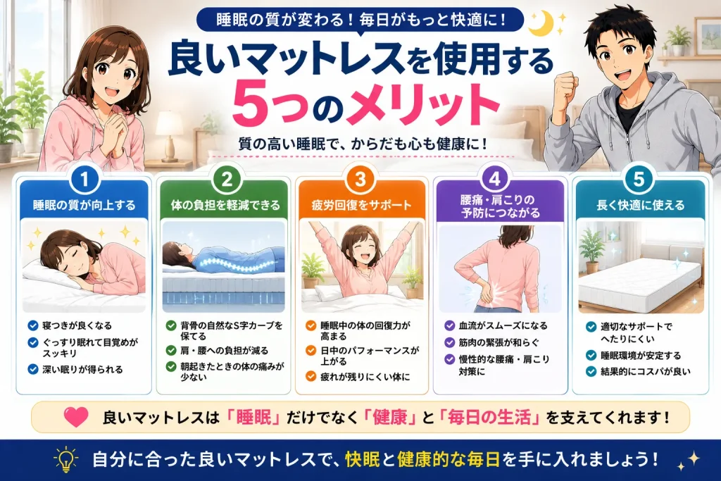健太と美咲が良いマットレスを使用する5つのメリットを紹介し、睡眠の質向上・体への負担軽減・疲労回復・腰痛や肩こり対策・耐久性の高さについて解説している画像
