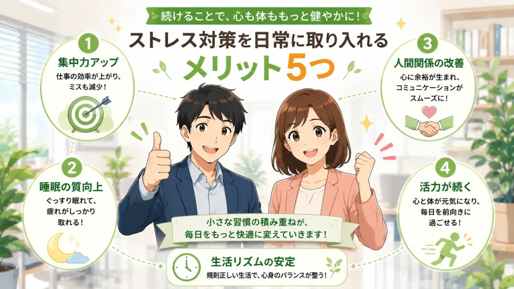 健太と美咲が笑顔でストレス対策を習慣化するメリットを紹介し、集中力アップ・睡眠の質向上・人間関係の改善・活力の維持・生活リズムの安定の5つを図解で示している16:9のイラスト。