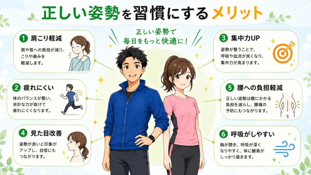 正しい姿勢を習慣にするメリットを紹介するインフォグラフィック。肩こり軽減、疲れにくい体、集中力アップ、見た目改善、腰への負担軽減、呼吸のしやすさなど6つのメリットを健太と美咲のイラストとともに解説。