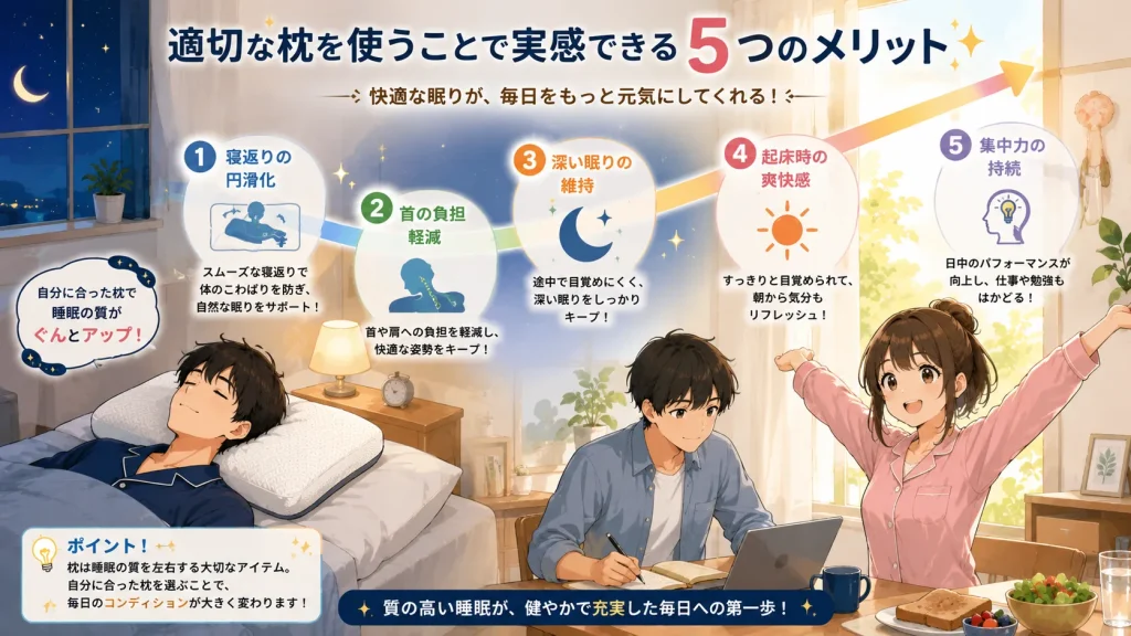 適切な枕を使う5つのメリットとして、寝返りの円滑化、首の負担軽減、深い眠りの維持、起床時の爽快感、集中力の持続を健太と美咲が紹介するイラスト