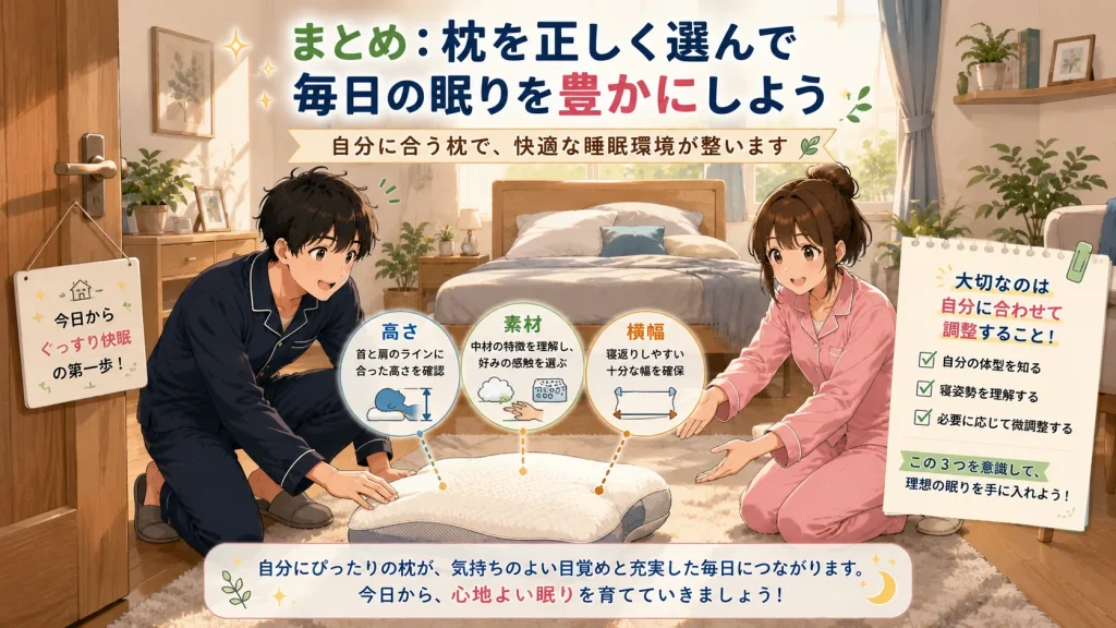枕を正しく選ぶための高さ・素材・横幅の3つのポイントを、健太と美咲が確認するまとめイラスト