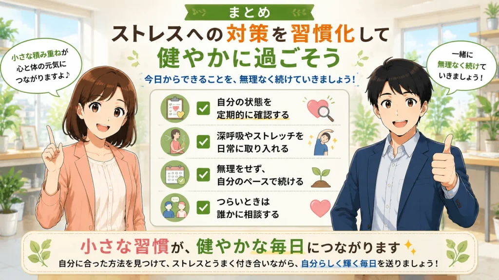 美咲と健太が笑顔でストレス対策の習慣化を呼びかけ、自分の状態の確認・深呼吸やストレッチ・無理なく継続・困ったときの相談という4つのポイントを紹介している16:9のまとめイラスト。