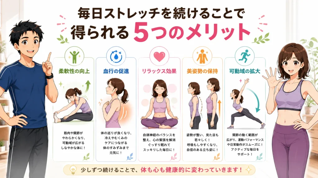 毎日ストレッチを続けることで得られる5つのメリット(柔軟性の向上・血行促進・リラックス効果・美姿勢の保持・可動域の拡大)を図解で紹介したイラスト。